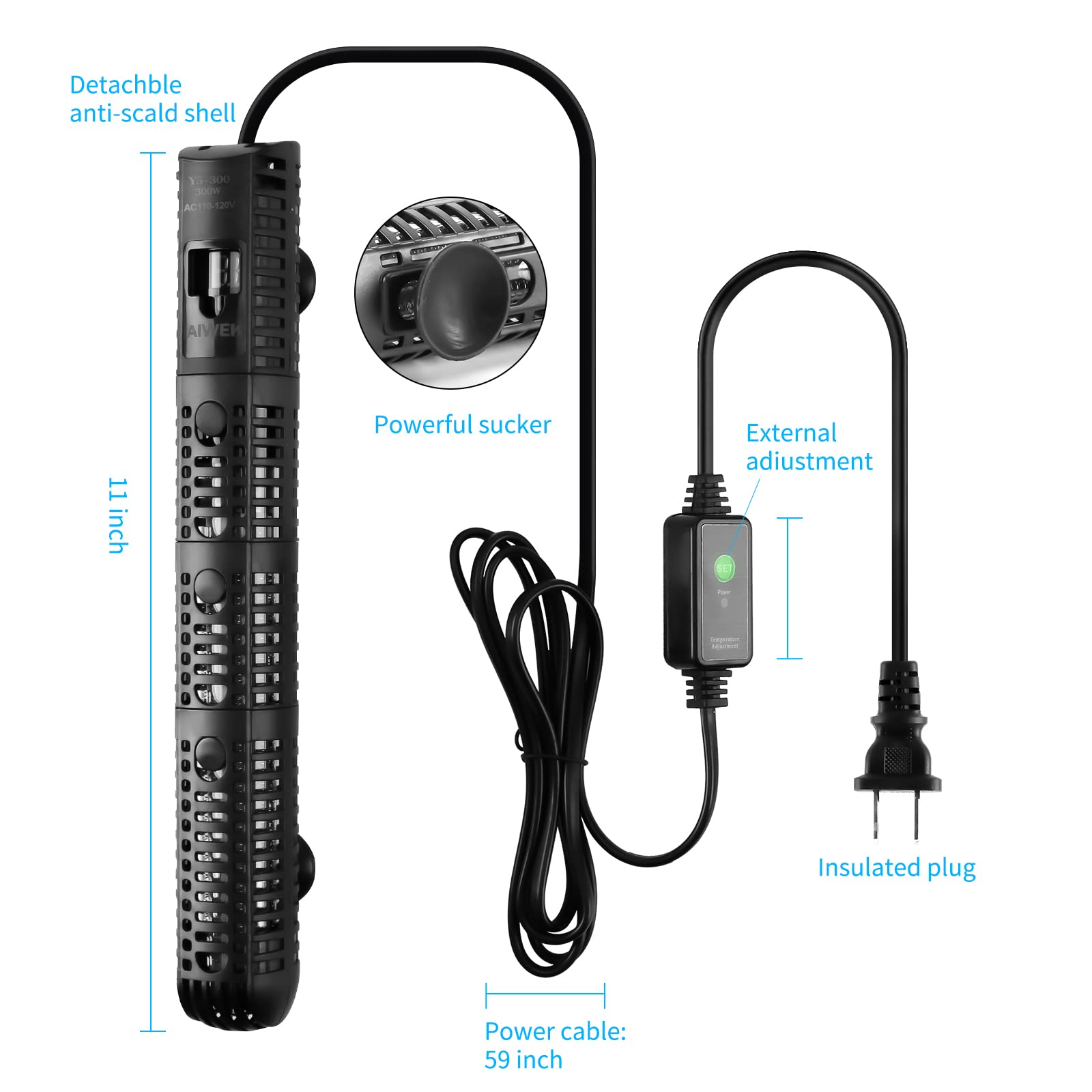 AIWEK aquarium heater suction cups secure installation for stable operation.
