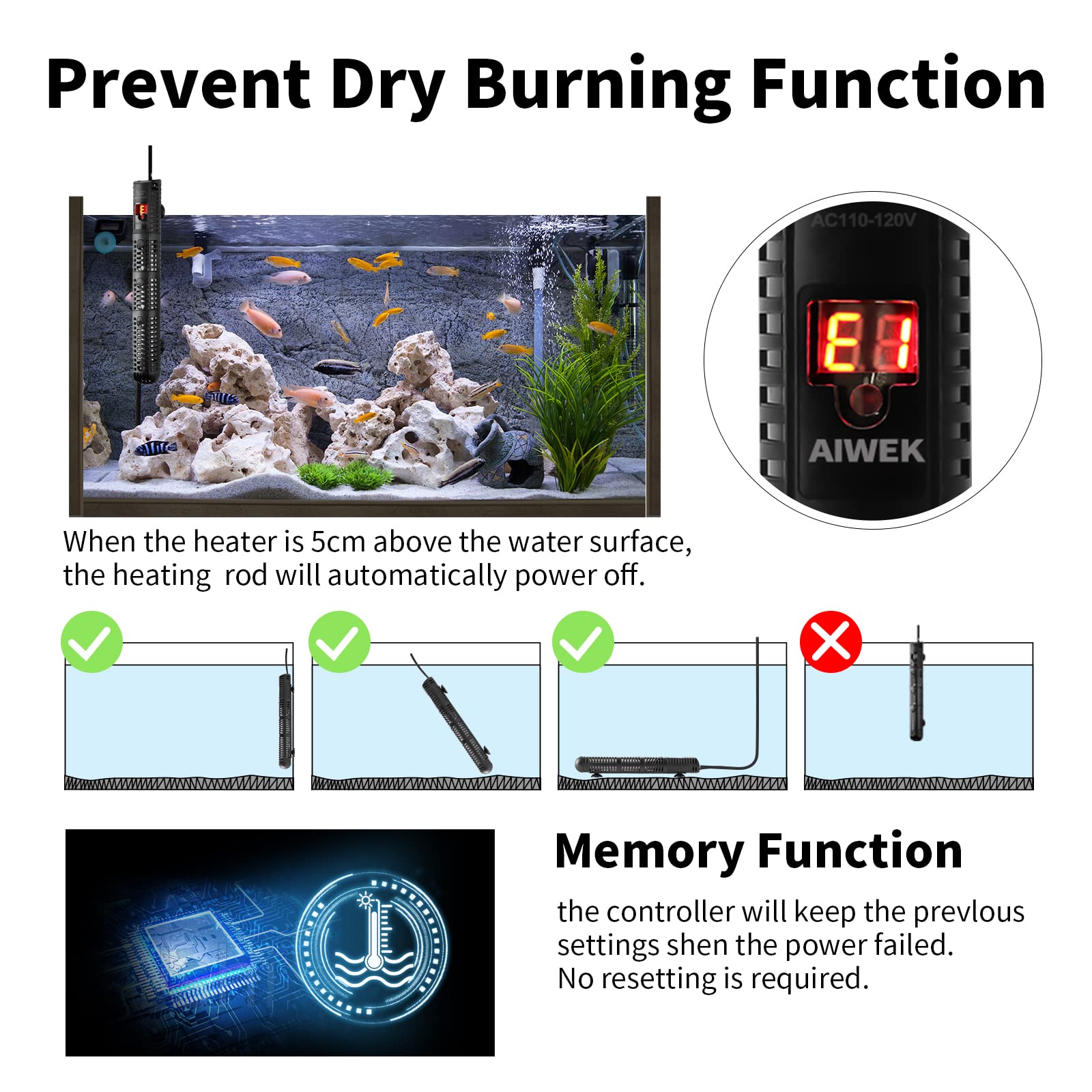 AIWEK aquarium heater temperature control panel allows precise, stable warmth.