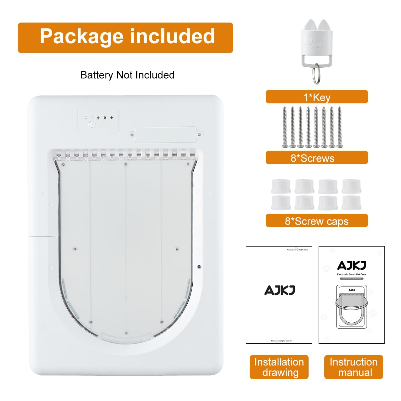 AJKJ Smart Pet Door installation guide shows setup steps and components.