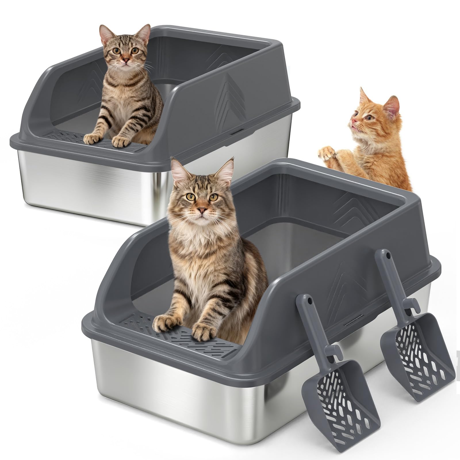 AKAOLA 2-pack XL stainless steel litter boxes shown from front view for big cats