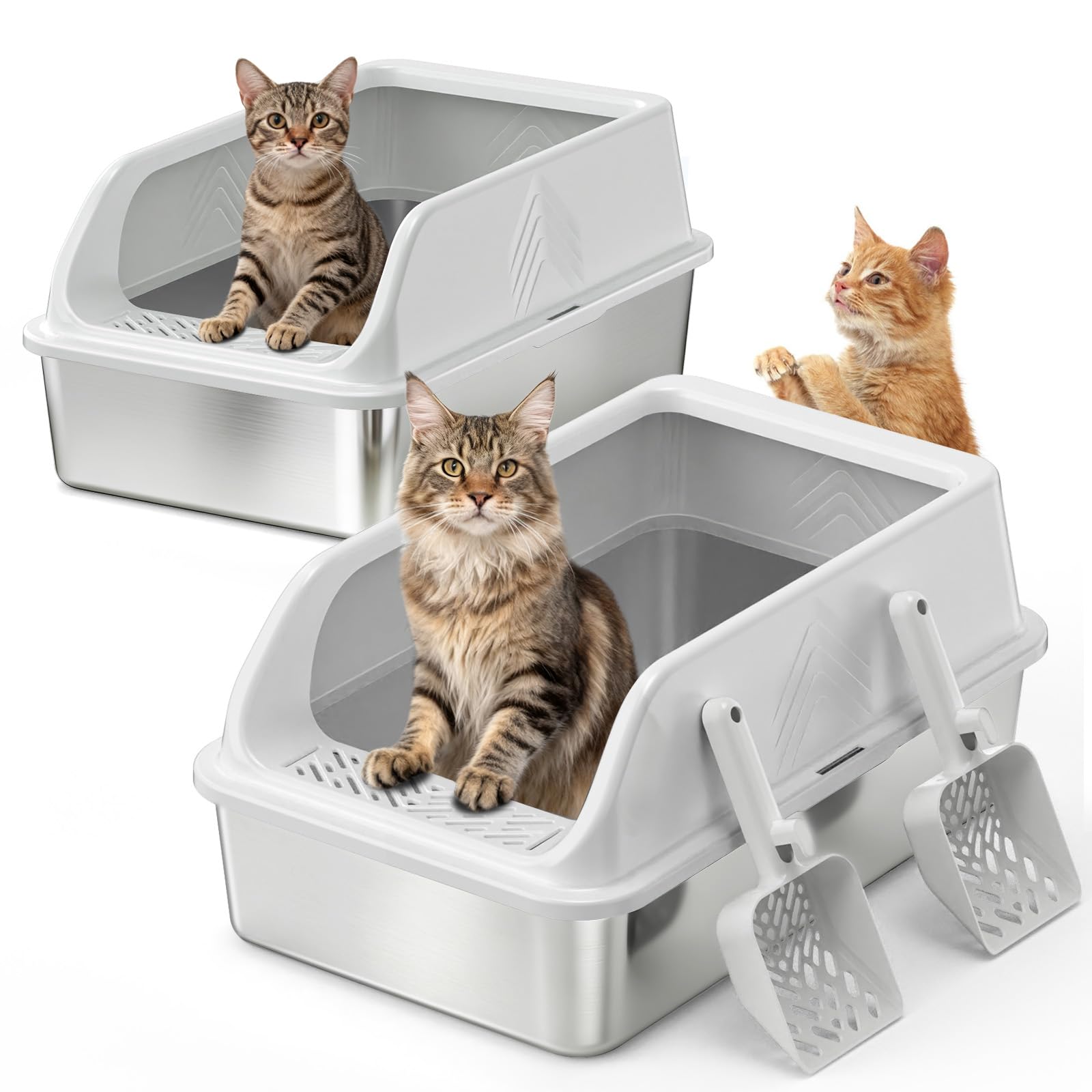 AKAOLA stainless steel litter box front view, XL size for big cats.