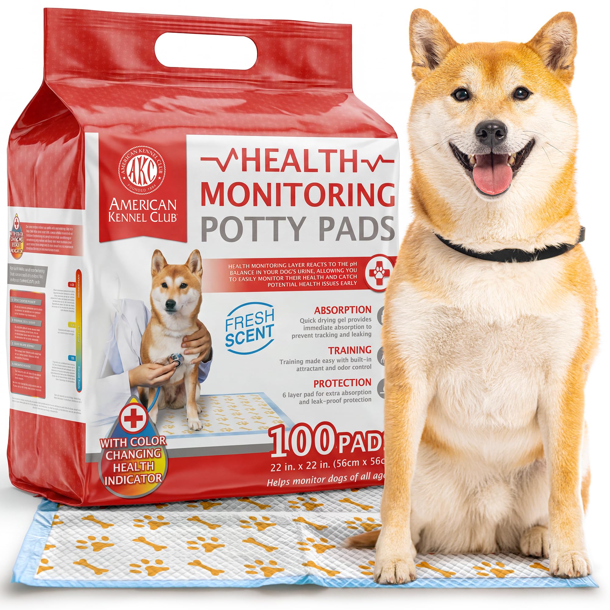 AKC Advanced Puppy Pads with Health+ color-change indicator signals health awareness