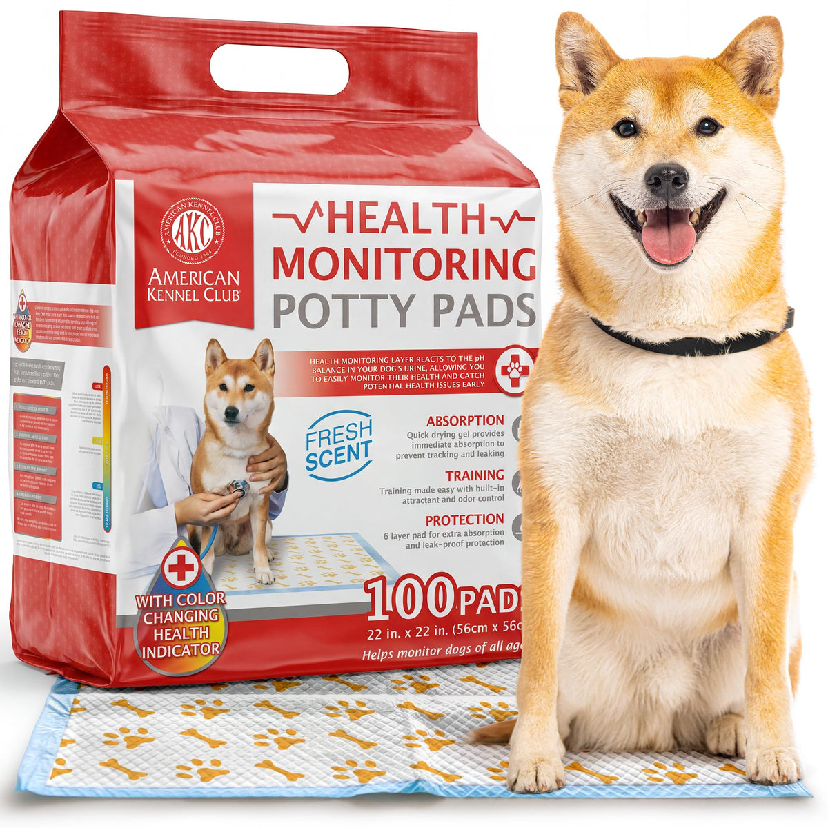 AKC Advanced Puppy Pads with Health+ color-change indicator signals health awareness