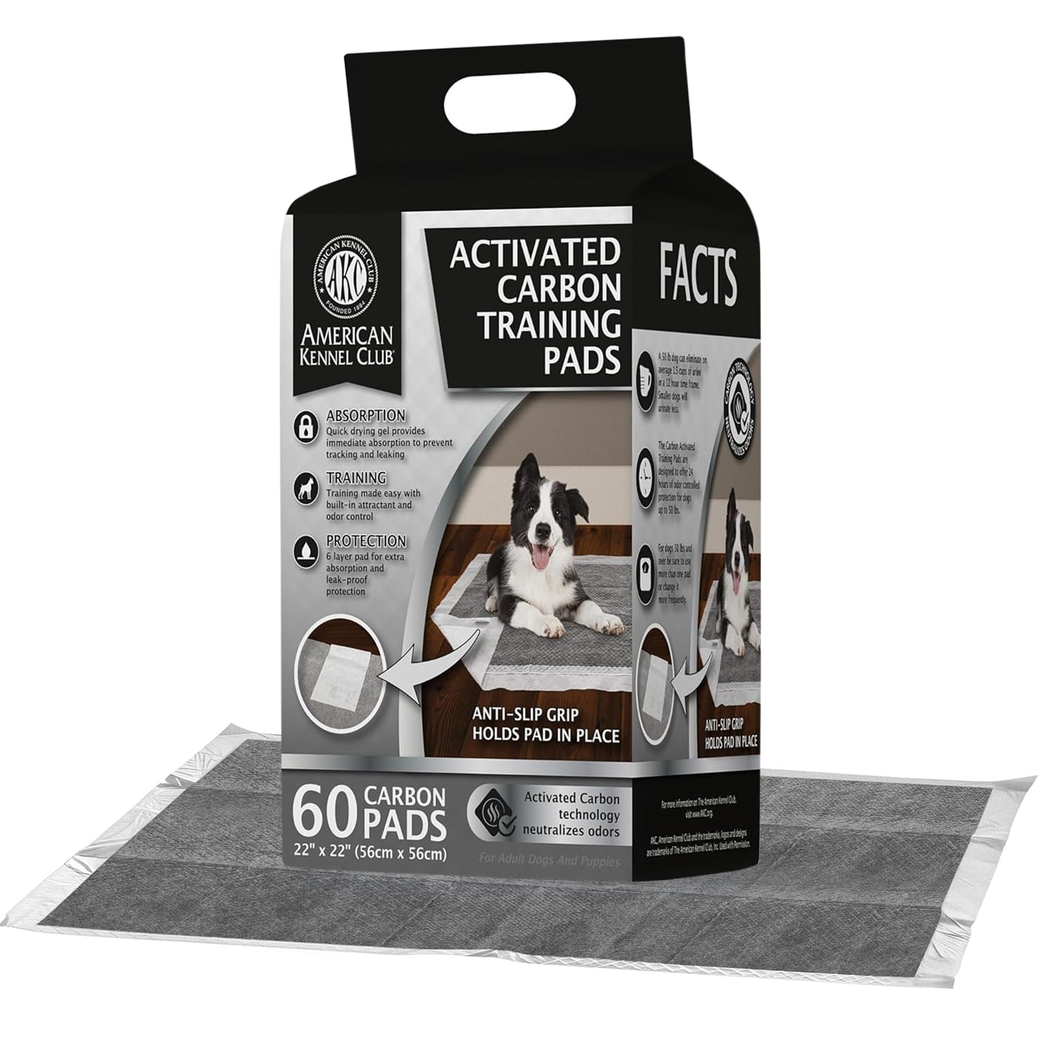 AKC charcoal puppy training pad with anti-slip backing keeps pad in place