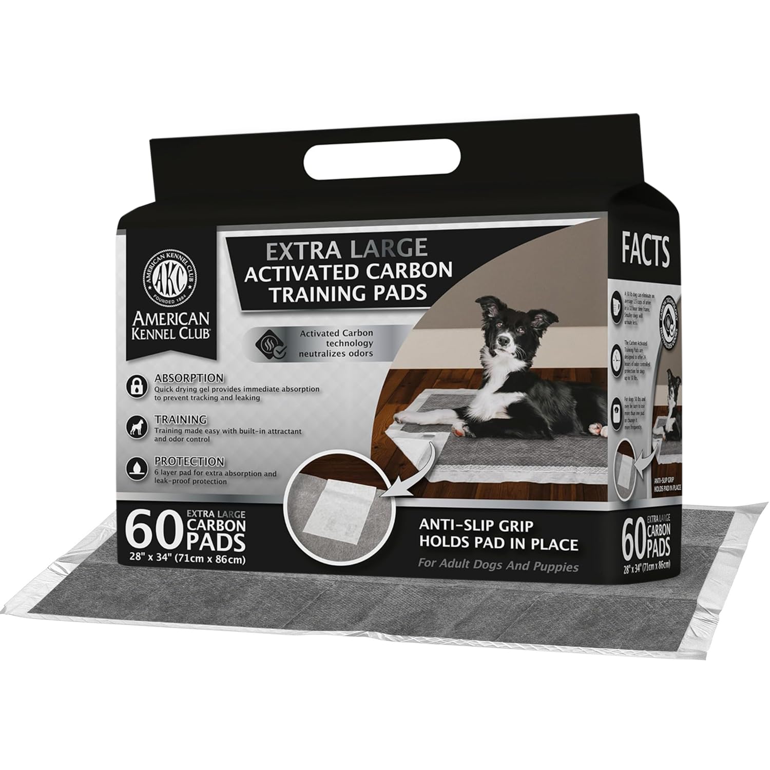 AKC charcoal puppy training pad shows leak-proof top layer and six-layer design.
