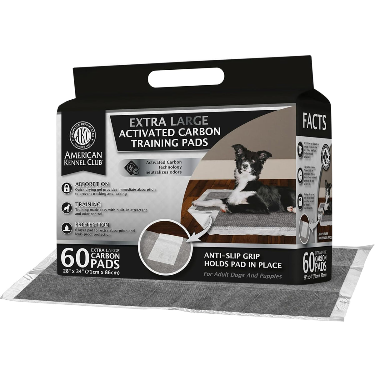 AKC charcoal puppy training pad shows leak-proof top layer and six-layer design.