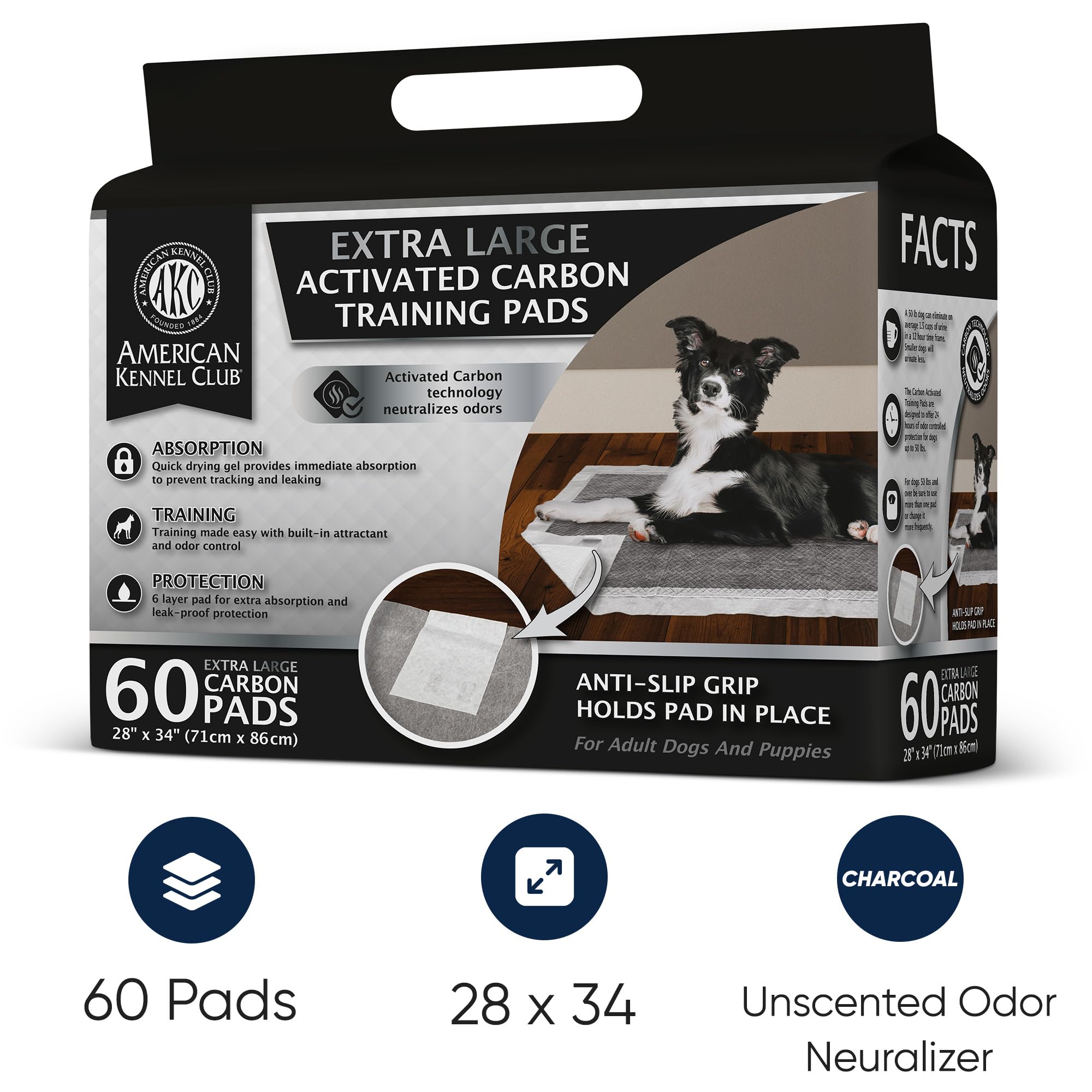 AKC charcoal pad with quick-dry gel for fast absorption and dry paws.