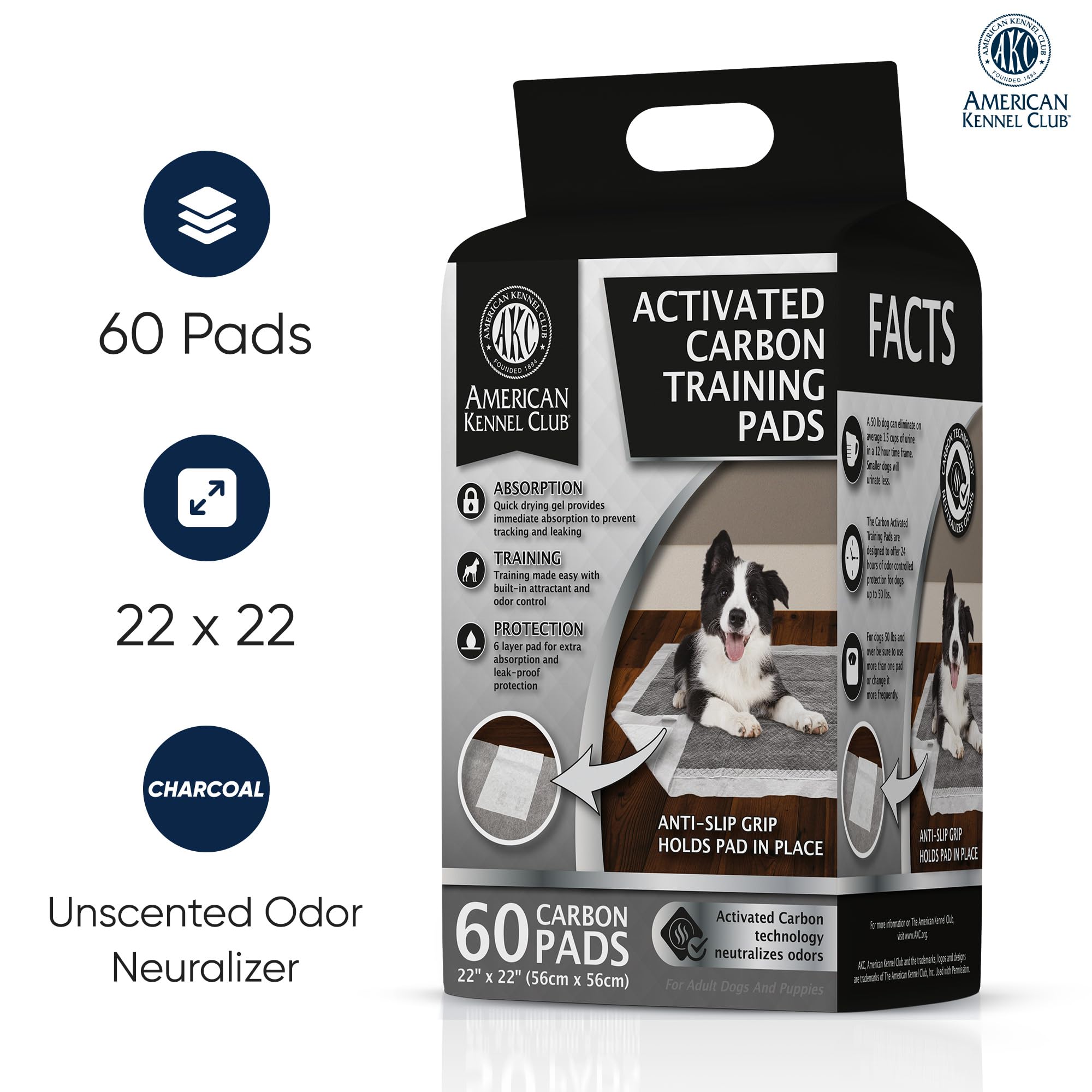 AKC charcoal training pad illustration showing quick-dry gel