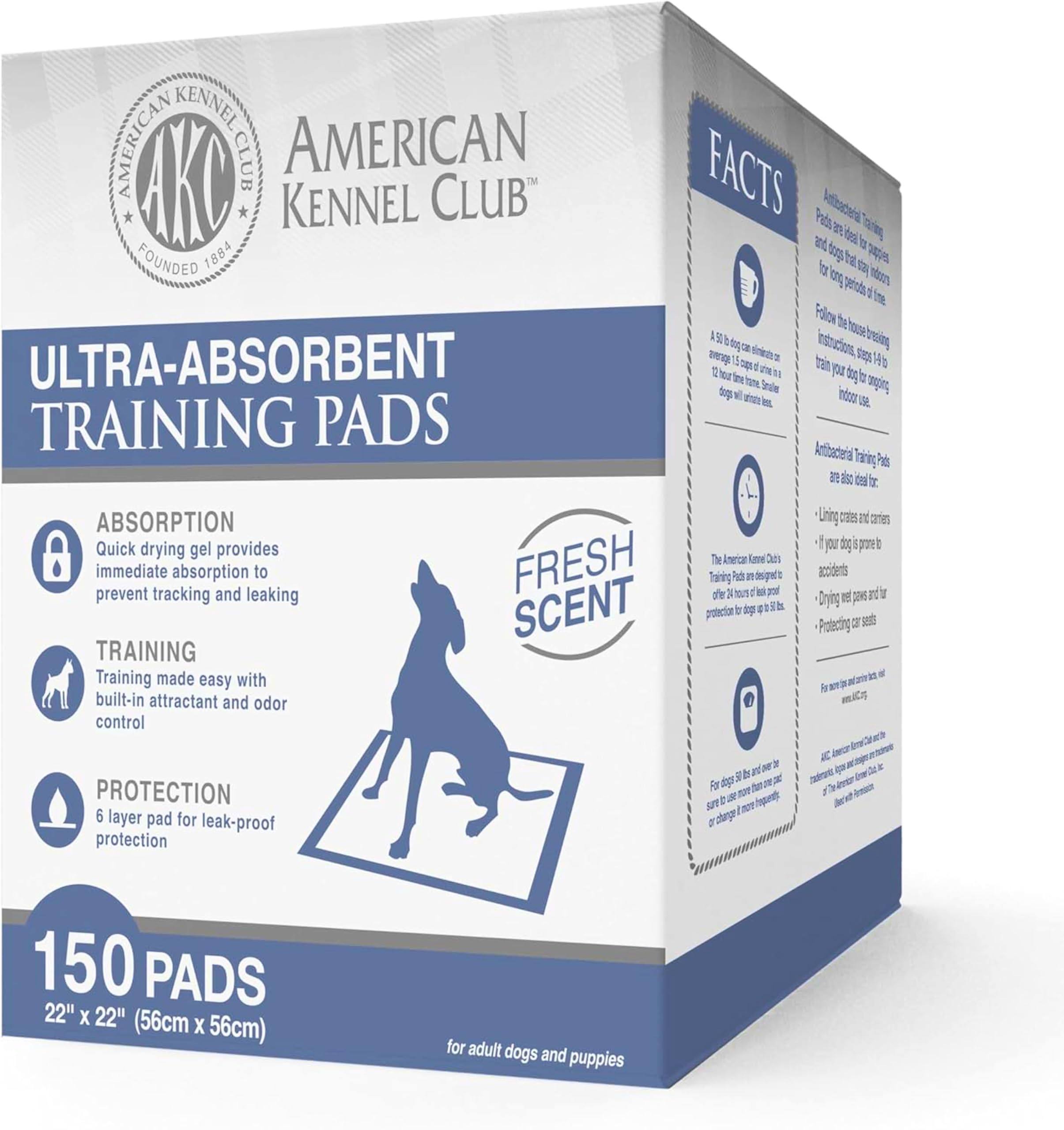 AKC fresh scented pack of 150 training pads for extended use.