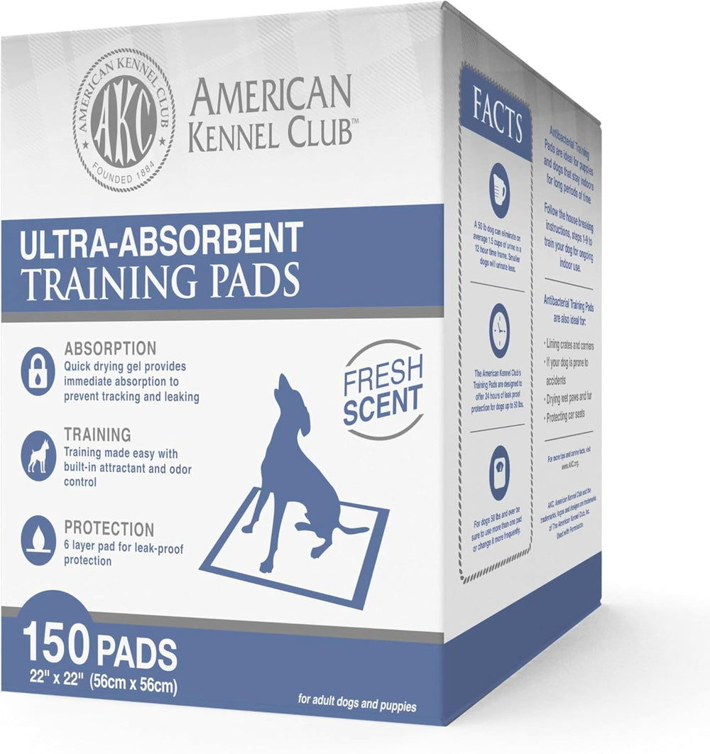 AKC fresh scented pack of 150 training pads for extended use.
