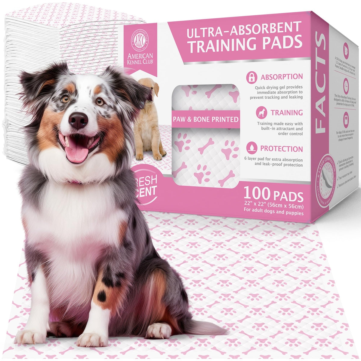 AKC Paw and Bone training pads pink box 100-count for easy indoor training