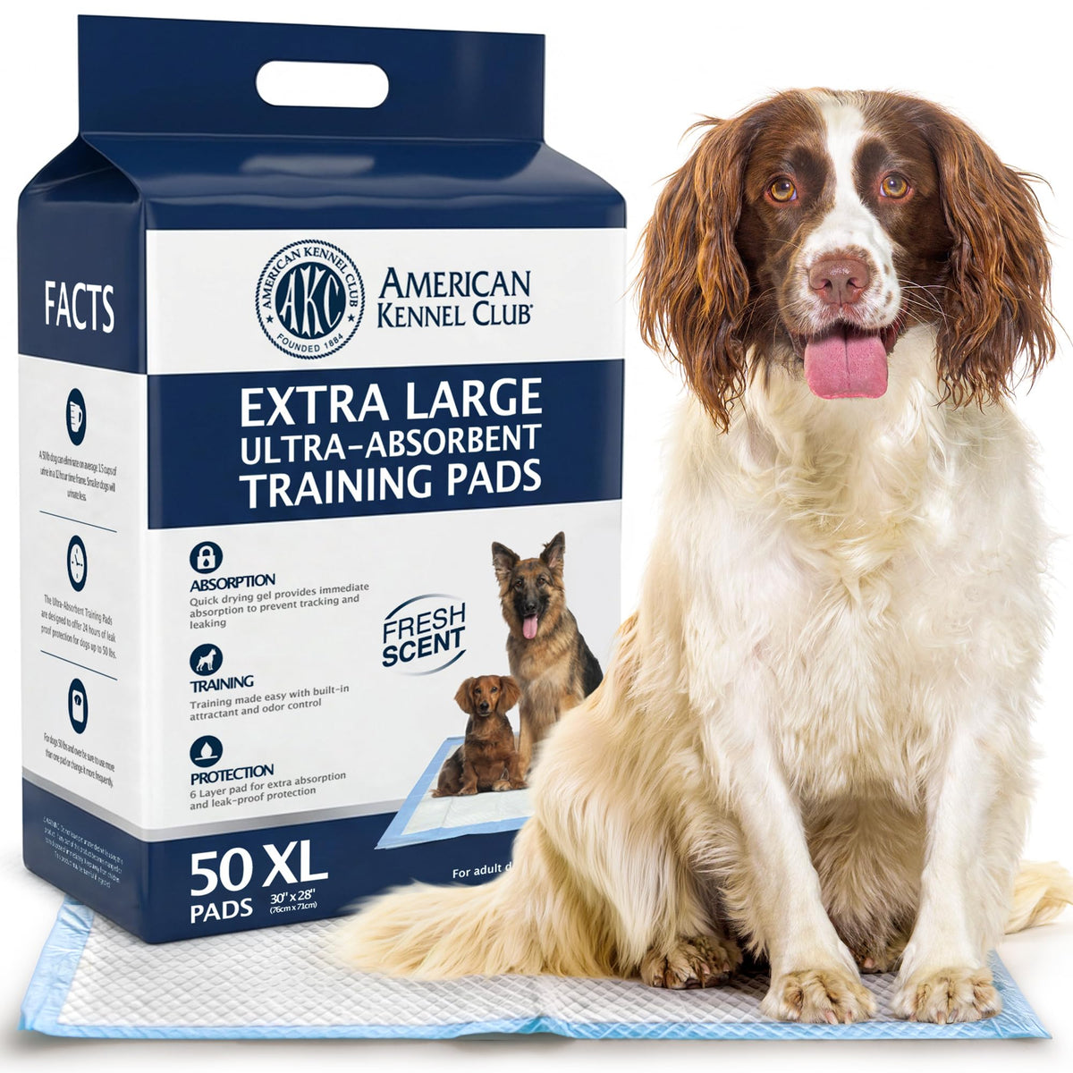 AKC scented training pad with quick-dry gel for fast absorption.