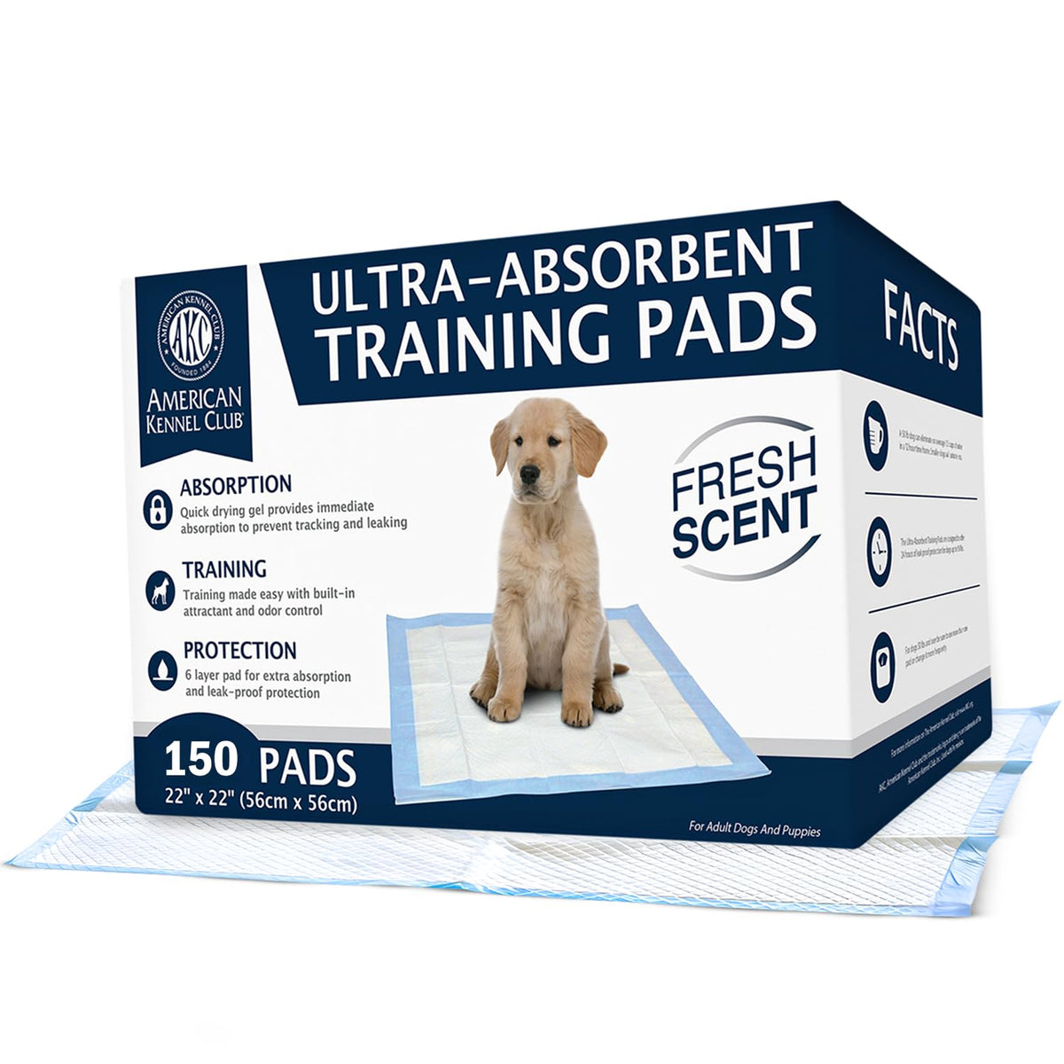 American Kennel Club ultra-absorbent training pad with leak-proof surface for indoor use.