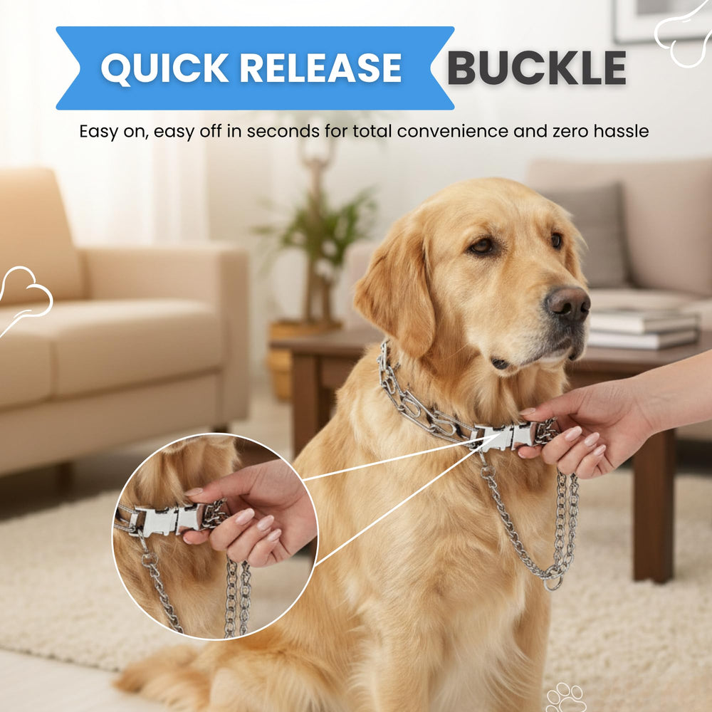 AKDNZ No Pull Collar packaging shows included links and buckle for fast setup.