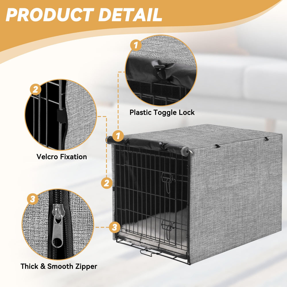 Akinerri dog crate cover with rolled front panel shows easy airflow for pets.