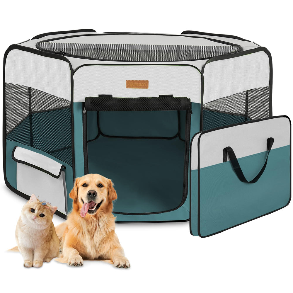 Akinerri dog playpen with foldable blue design for quick setup and portability.