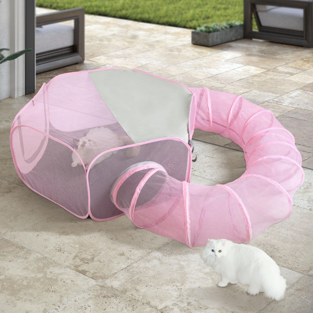 Akinerri foldable cat tunnel playpen setup for easy transport and indoor outdoor use.