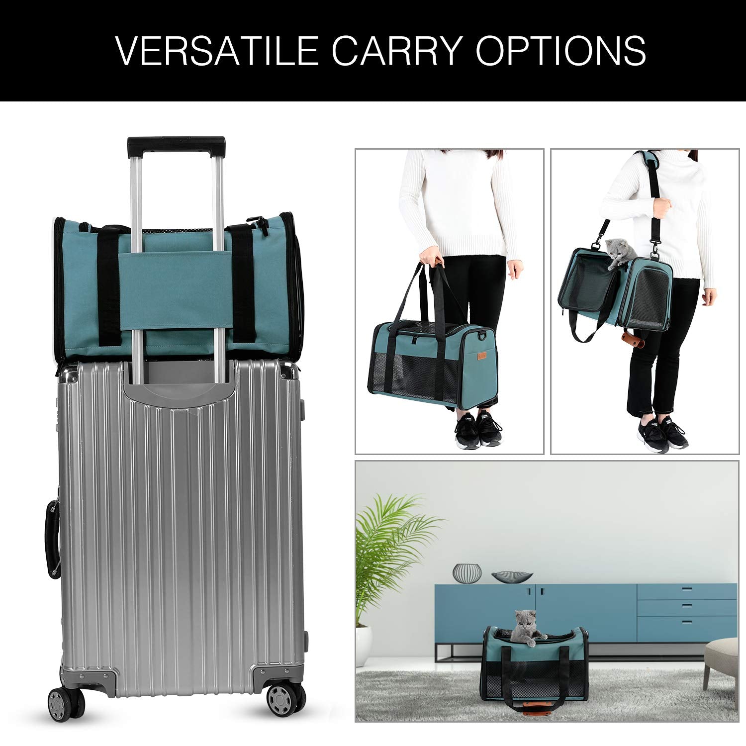 Akinerri pet carrier features ventilated mesh windows for fresh air.