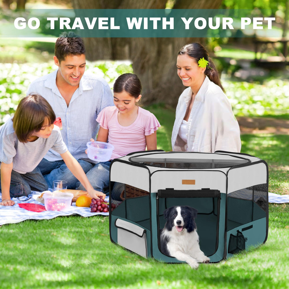 Akinerri pet playpen with semi-mesh top, shade and airflow.