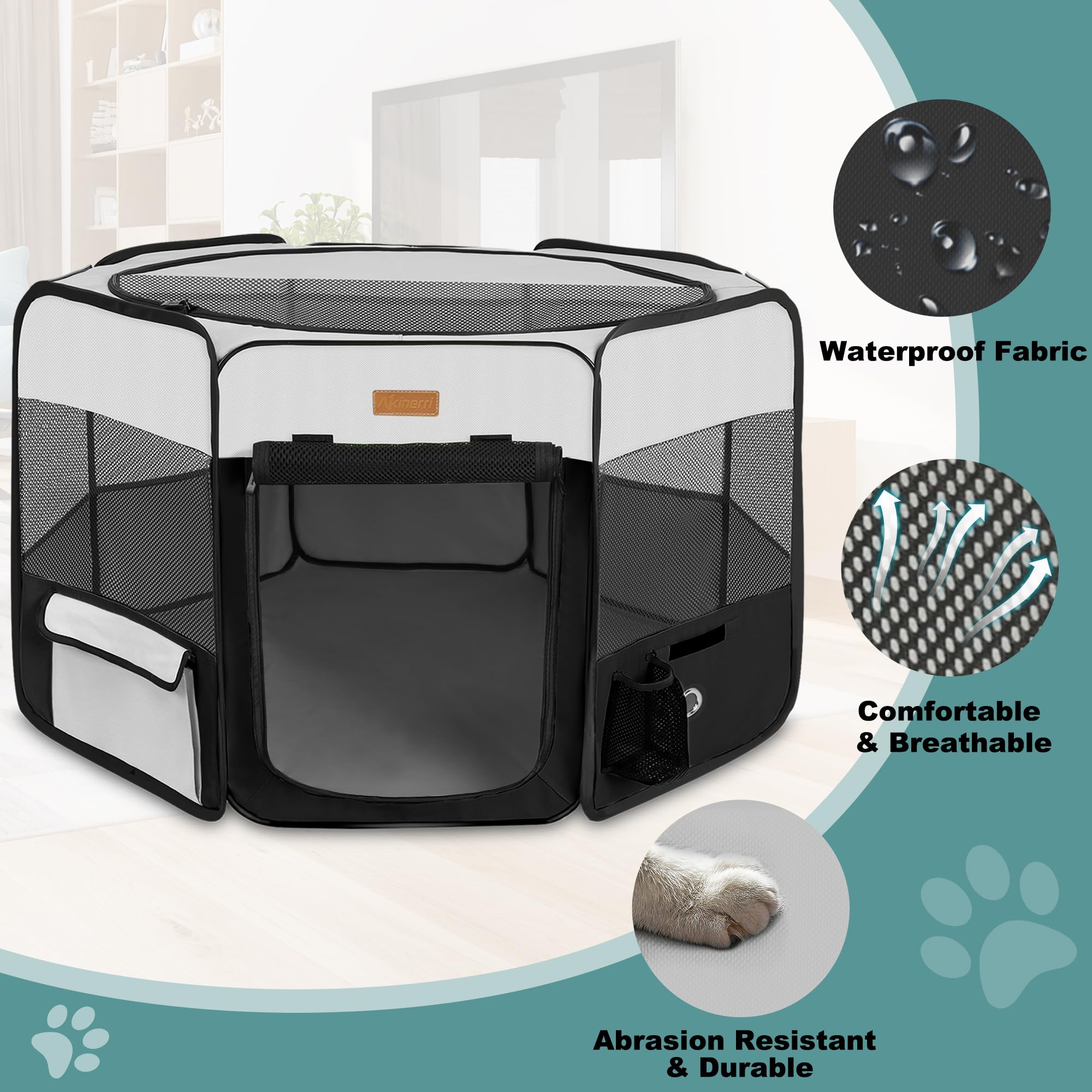 Akinerri pet playpen side-pocket storage keeps toys and bottles handy.
