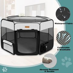 Akinerri pet playpen side-pocket storage keeps toys and bottles handy.