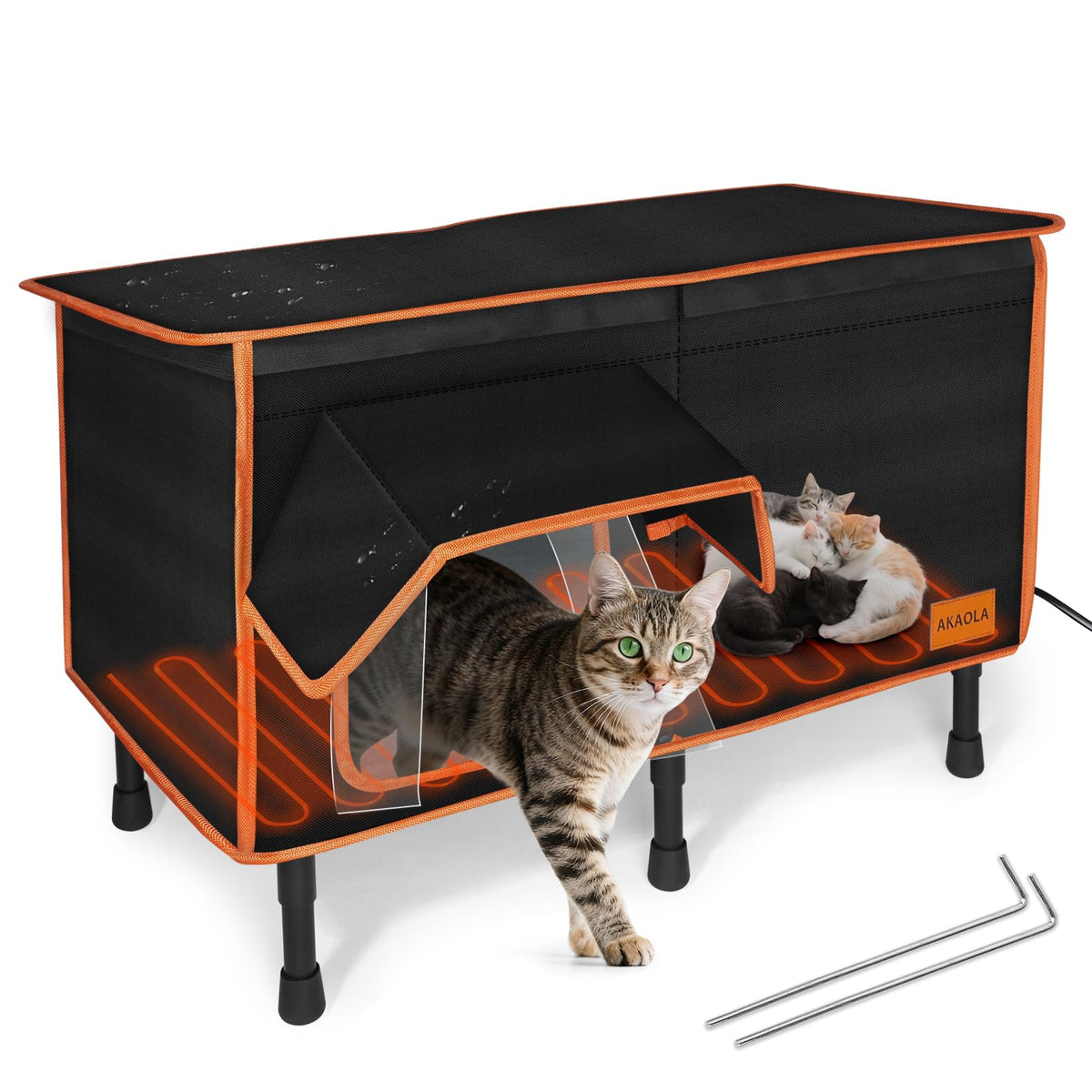 AKAOLA heated cat house with waterproof tarpaulin for all-weather shelter.