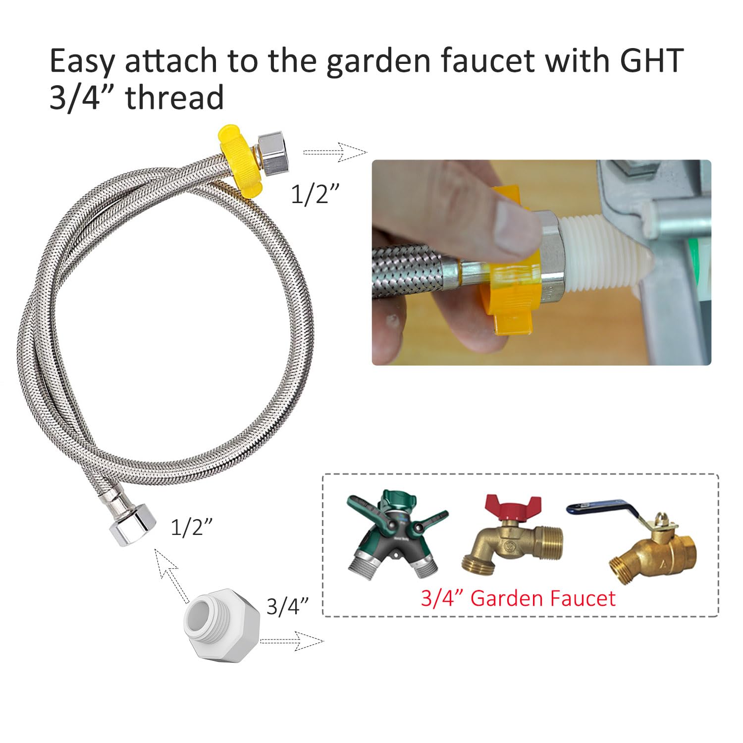 AKUATUZ hose adapter for quick 3/4 GHT faucet connection.