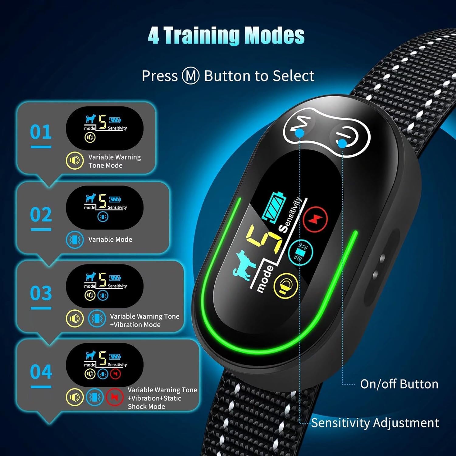 AKUVU bark collar LED display shows power and mode for easy setup