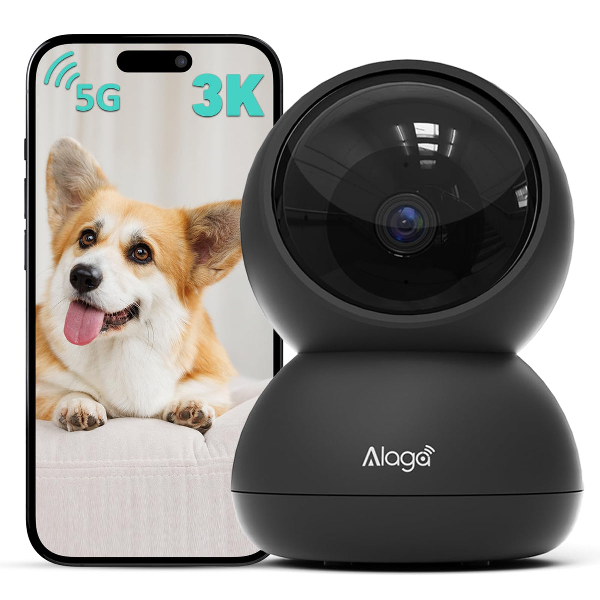 Alaga 3K indoor camera with 360° pan-tilt for complete room coverage.