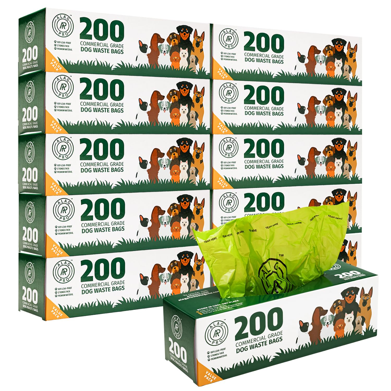 ALAGPRO 2000-pack bulk dog waste bags in rolls for easy outdoor pickup.