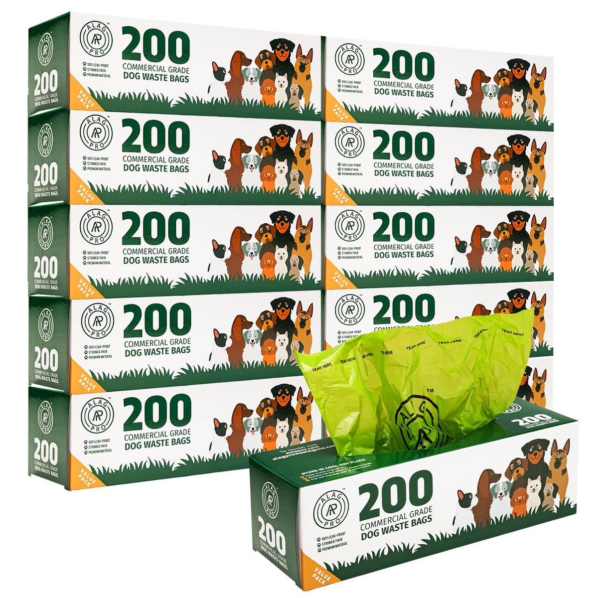 ALAGPRO 2000-pack bulk dog waste bags in rolls for easy outdoor pickup.