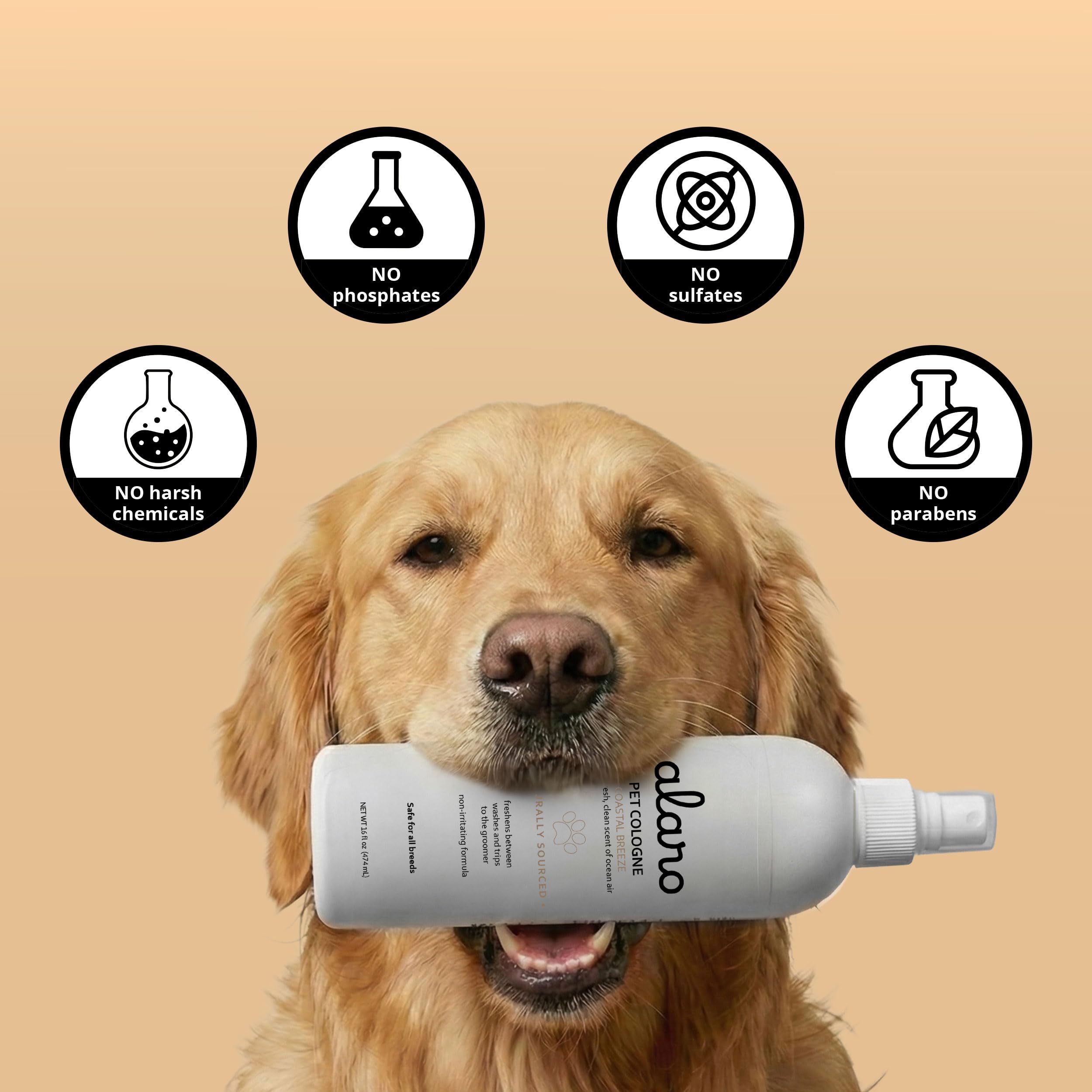 Alaro Dog Cologne Spray being used in a bathroom for a post-walk refresh.