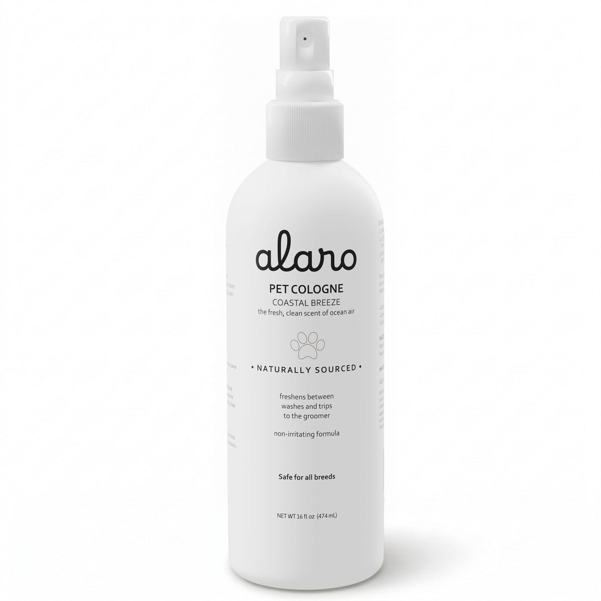 Alaro Dog Cologne Spray coastal breeze bottle for instant freshness and odor control.