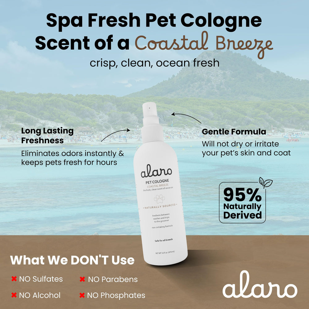 Alaro Dog Cologne Spray applied on a dog's coat for lasting scent.