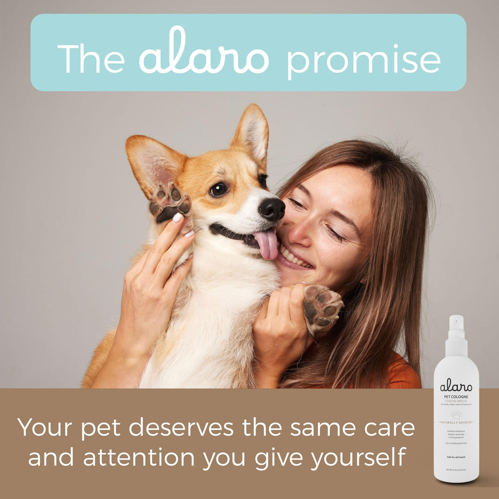 Alaro Dog Cologne Spray action being applied to a pet's coat for quick refresh.