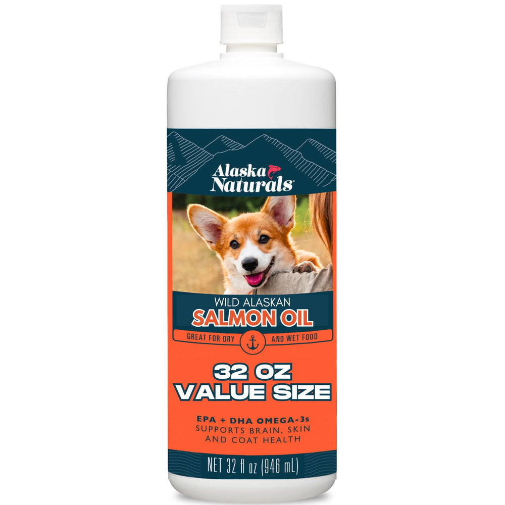 Alaska Naturals salmon oil bottle pouring to support a healthy coat.