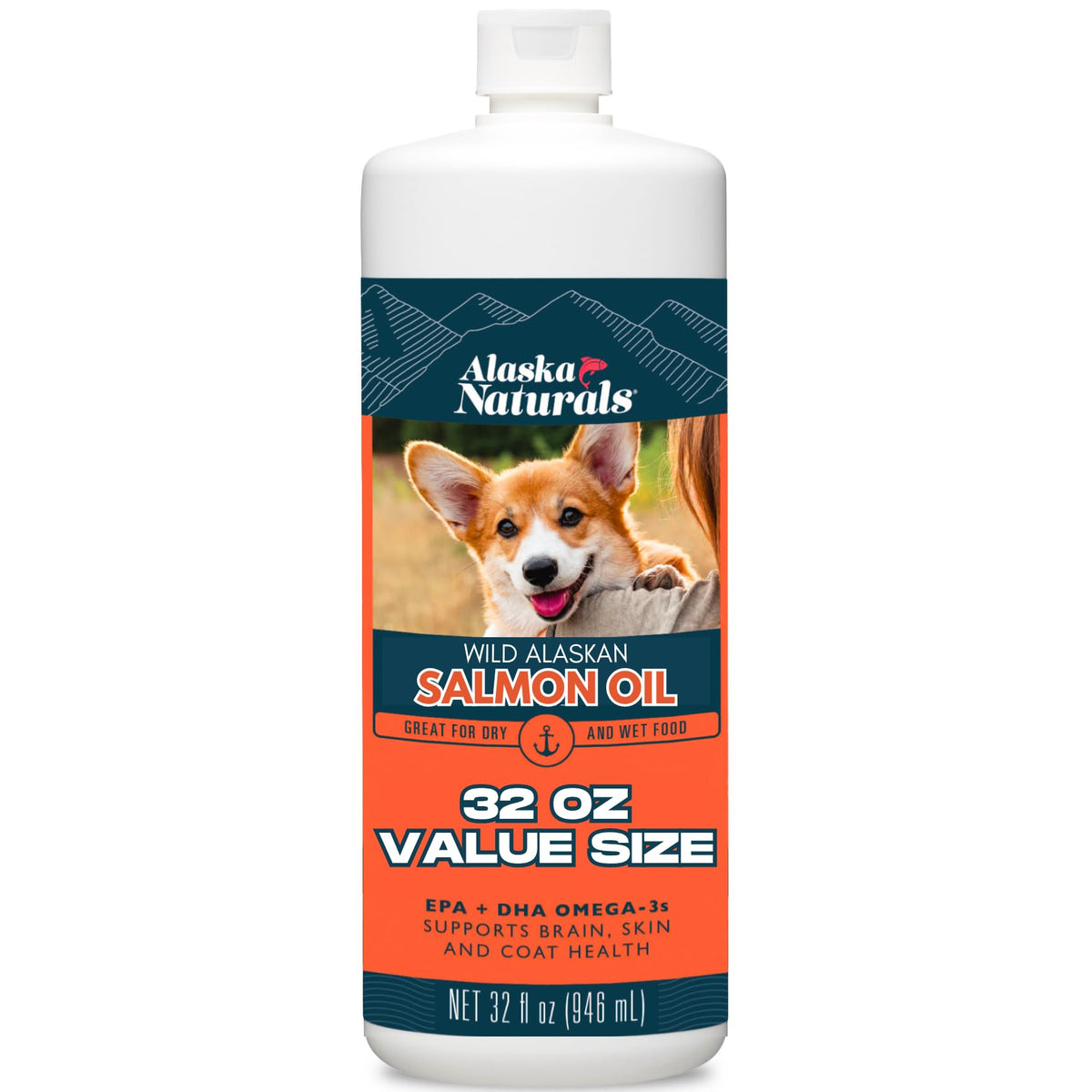 Alaska Naturals salmon oil bottle pouring to support a healthy coat.