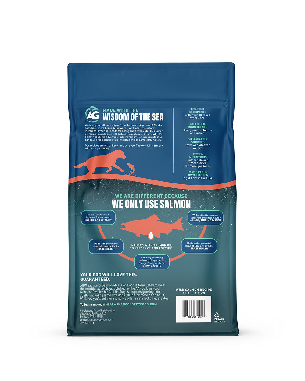 Freeze-dried salmon chunks from Alaskan Gold Super3+ for extra protein flavor.