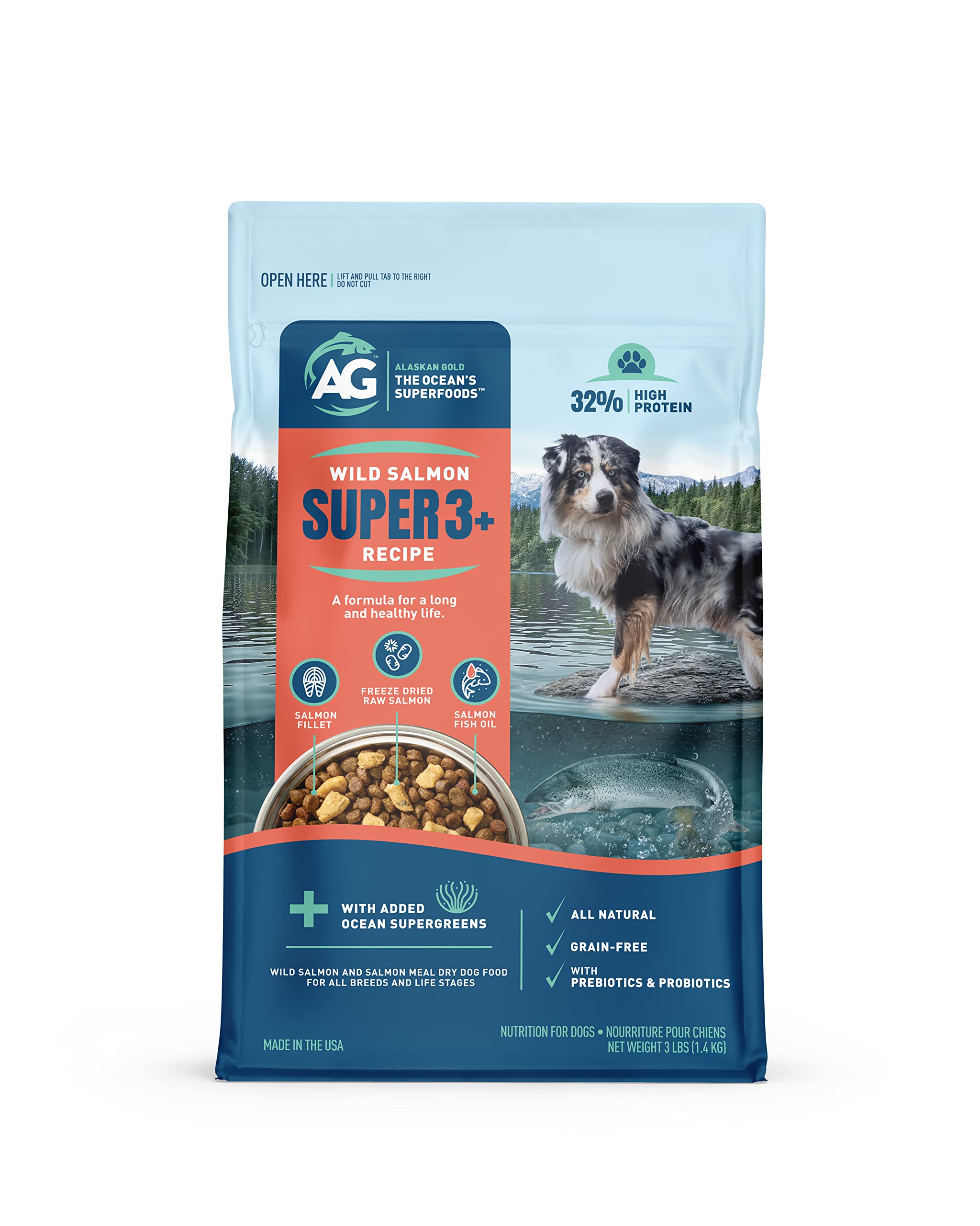 Alaskan Gold Super3+ salmon kibble in a bowl, promoting balanced dog nutrition.