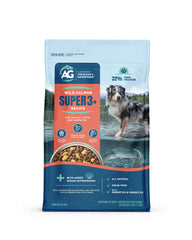 Alaskan Gold Super3+ salmon kibble in a bowl, promoting balanced dog nutrition.
