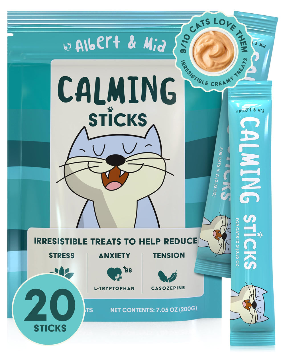 Albert & Mia lickable cat calming treats pack shown for on-the-go calm.