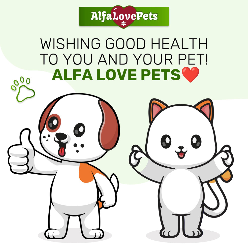 Alfa Love Pets 2oz bottle label detail with safe, natural ingredients.