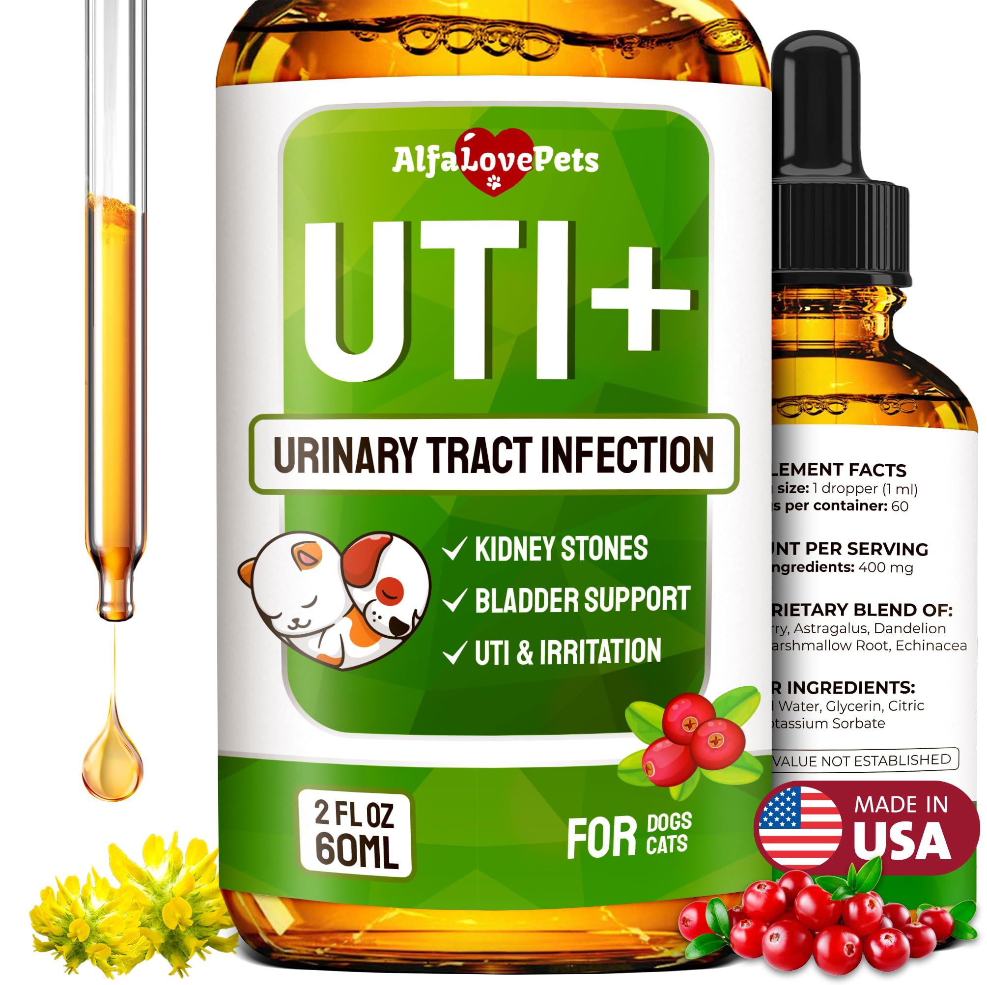Alfa Love Pets cat UTI treatment bottle with cranberry formula for urinary support.