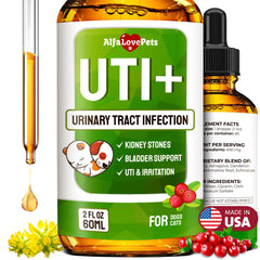 Alfa Love Pets cat UTI treatment bottle with cranberry formula for urinary support.