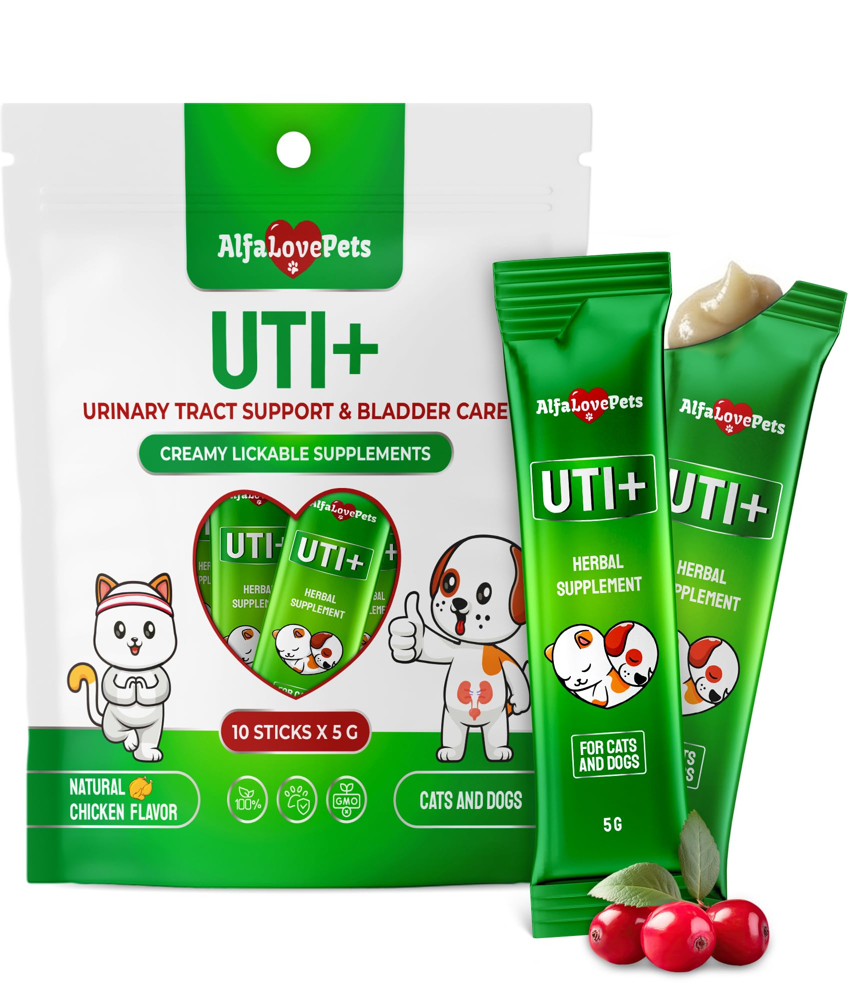 Alfa Love Pets UTI supplement stick in chicken flavor packaging for easy dosing.