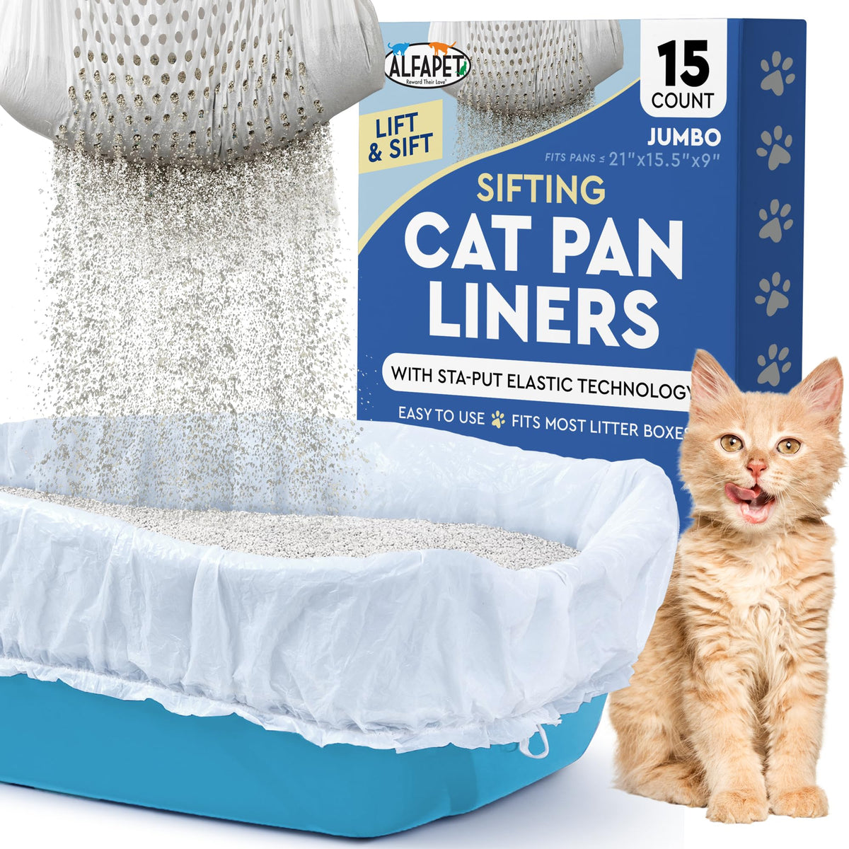 Alfapet jumbo sifting liner with solid bottom for easy cleanup.