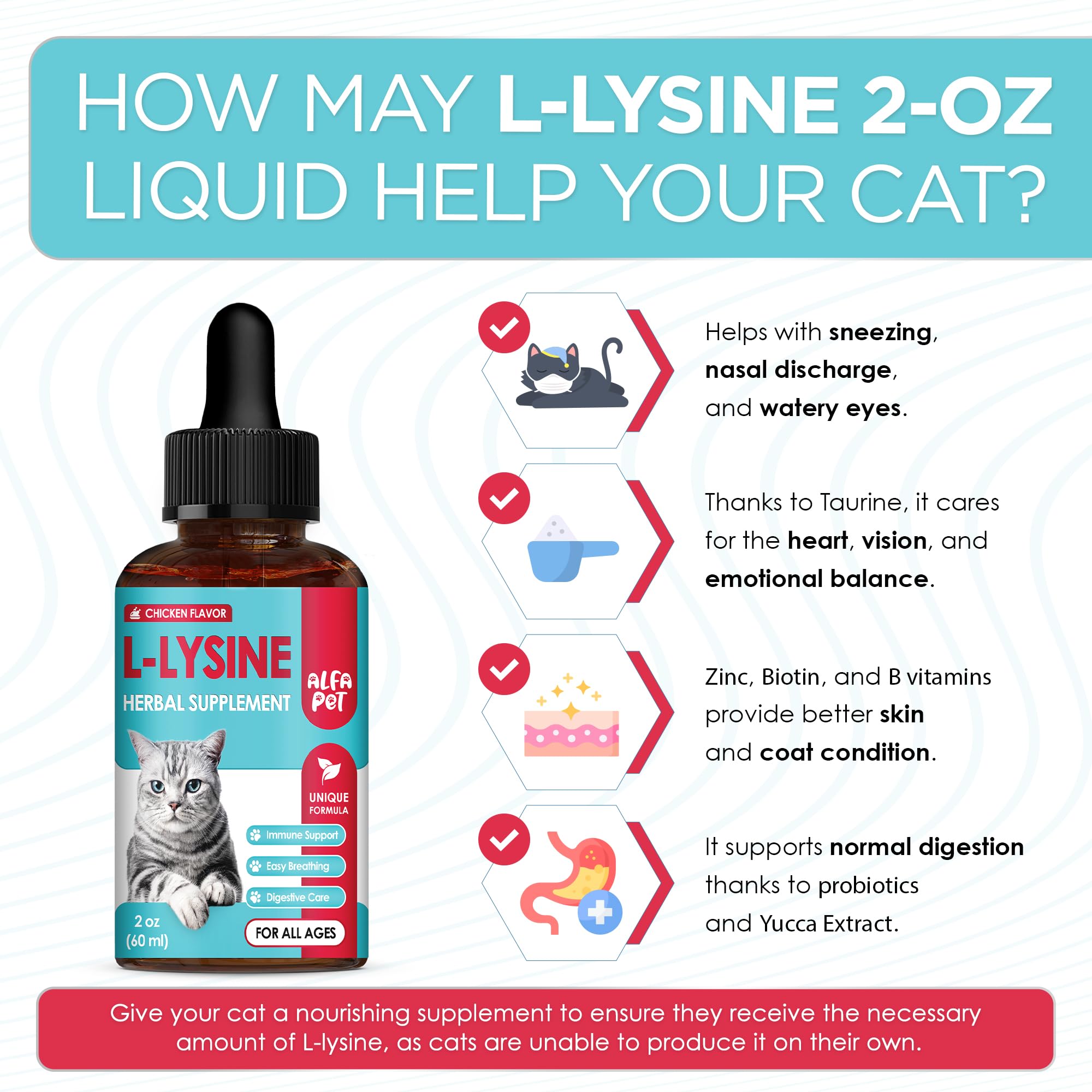Alfa Pet lysine chicken-flavored liquid highlights palatability for daily use.