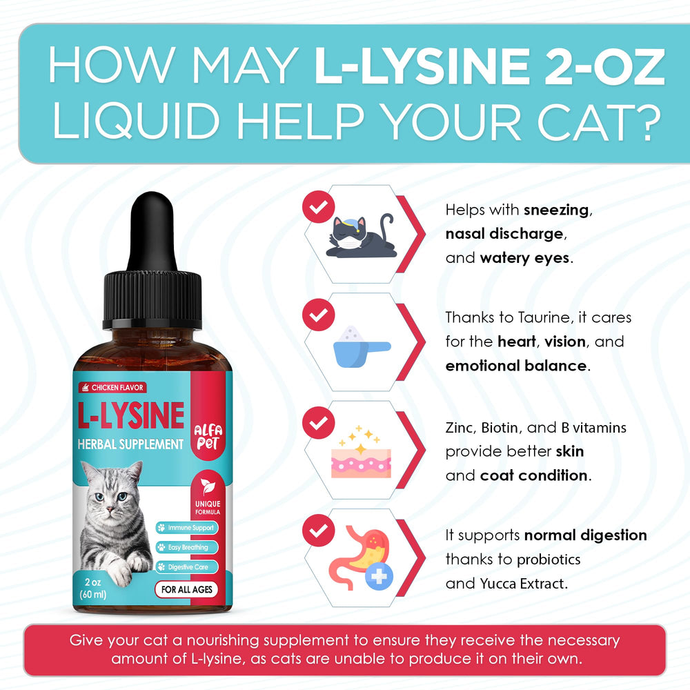 Alfa Pet lysine chicken-flavored liquid highlights palatability for daily use.