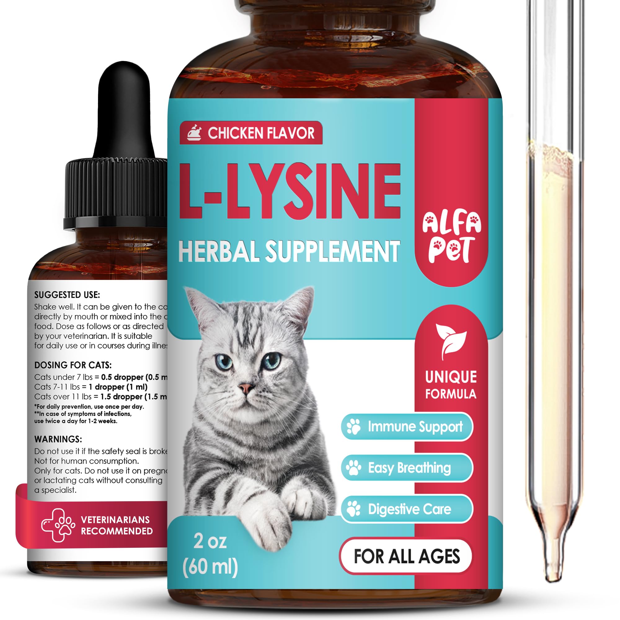 Alfa Pet L-Lysine bottle with taurine and probiotic supports eye and respiratory comfort.