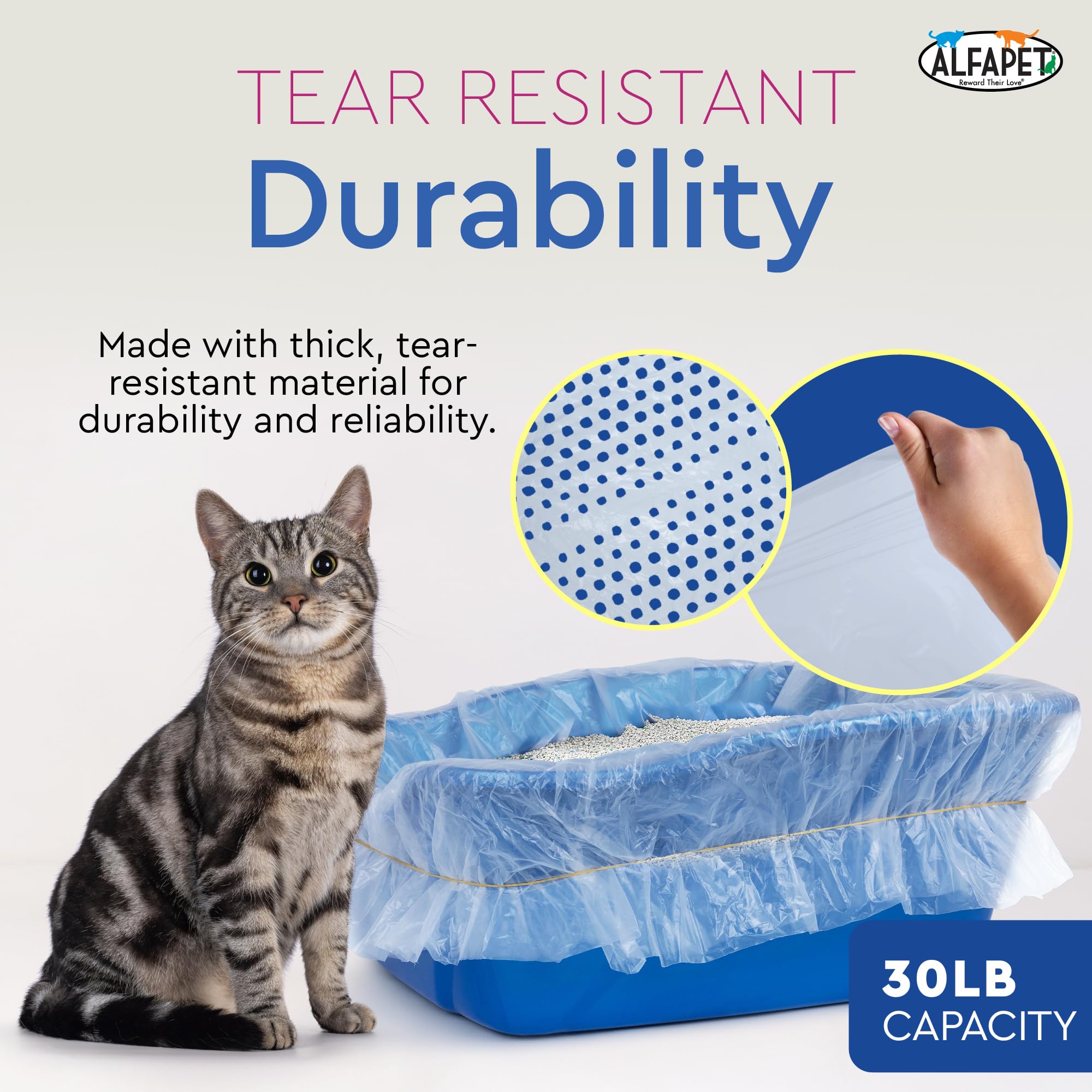 Alfapet Original rubber-band secured fit keeps liners in place for tidy handling.